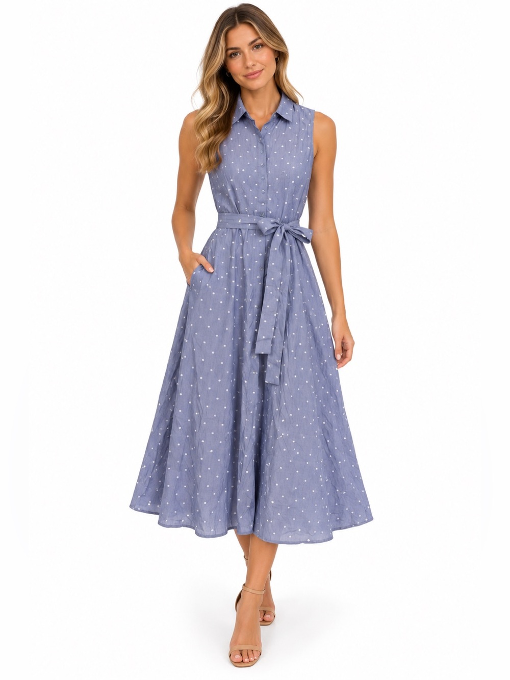 Tommy Hilfiger Sleeveless Light Blue Polka Dot Midi Shirt Dress with Tie Waist
